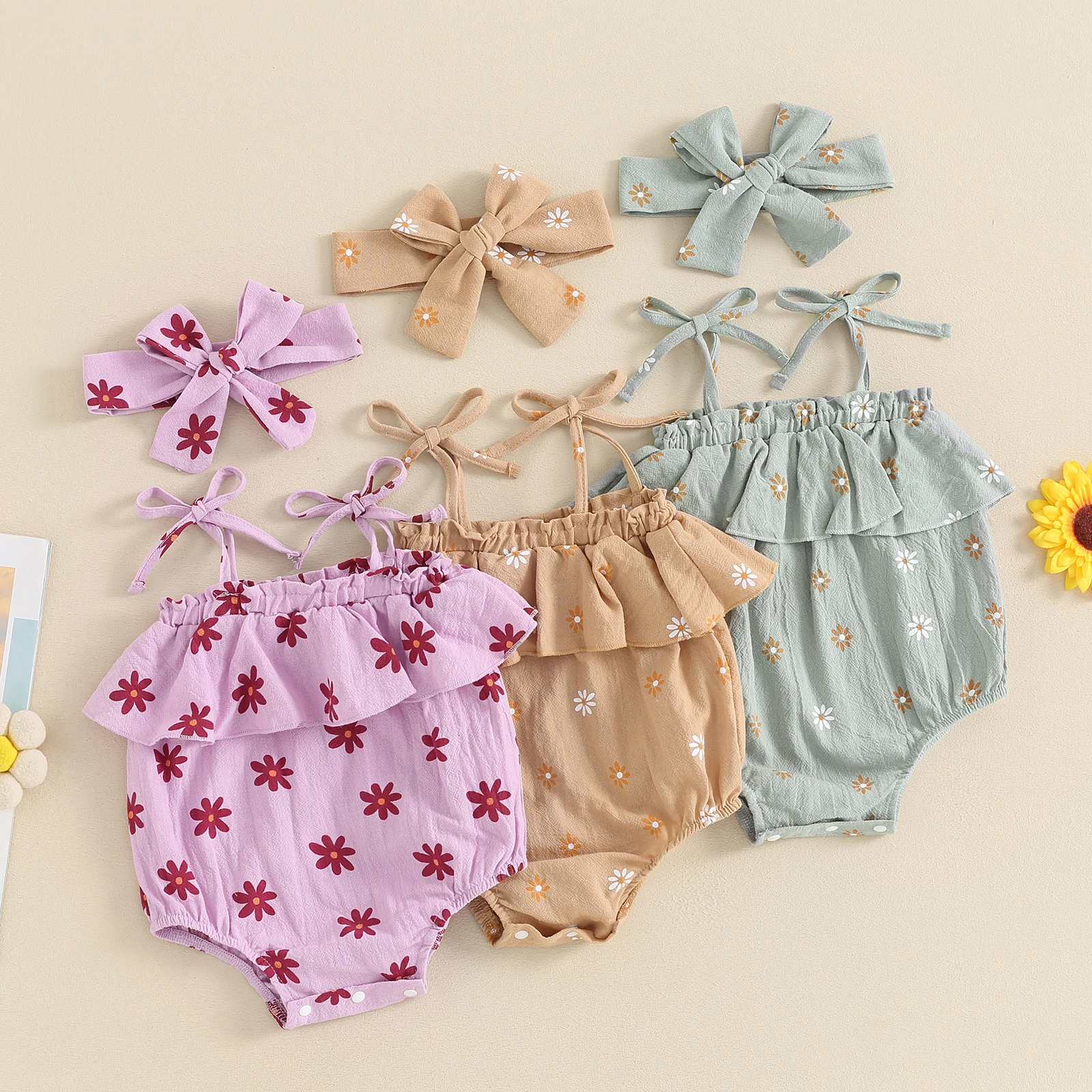 

Baby Girl Summer Jumpsuit Cute Daisy Print Sleeveless Romper and Headband Set Fashion Clothes Outfits