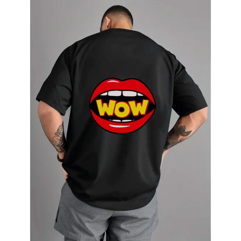 

Мужская футболка черная Wow Lips с принтом, хлопок высокого качества, 180 г, повседневная уличная одежда, летняя одежда