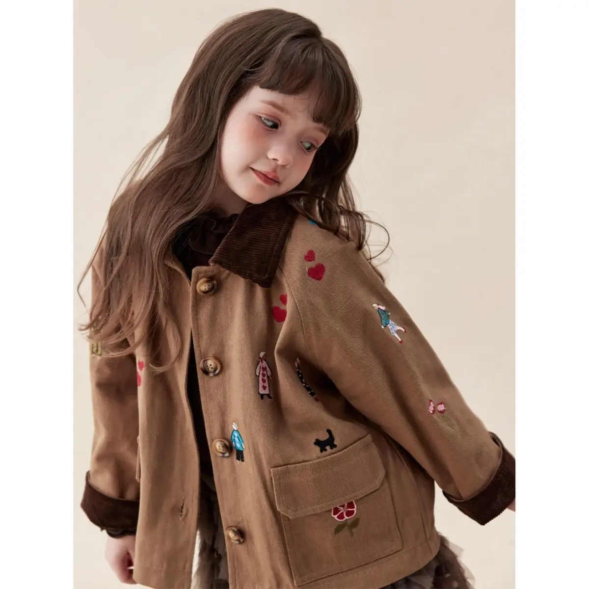 Girls Jacket 2026 New Fall Winter Vintage Cartoon Embroidery Trench Coat Turn Down Collar Patchwork Collar Mid Length Jacket