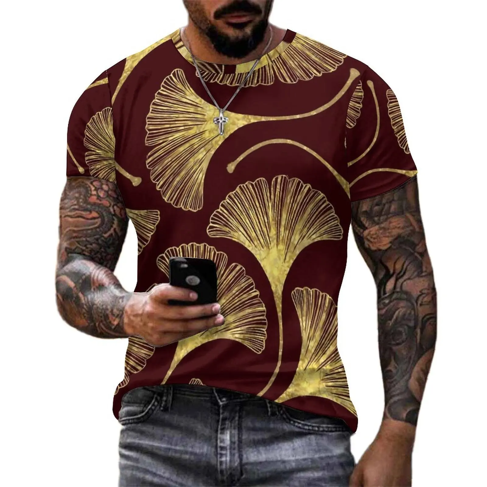 Men Golden Ginko Biloba T-Shirt Leaves Print Harajuku T Shirts Short Sleeve Custom Tops Cheap Beach Funny Oversized Clothing