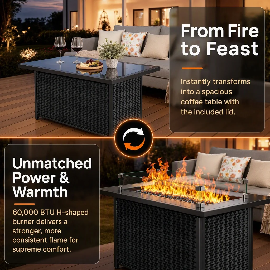 60,000 BTU Rectangular Propane Fire Pit Table 43 Inch, 2‑in‑1 Tempered Glass Top Outdoor Gas Firepit with Blue Fire Glass Rocks, Wind Guard & Lid, CSA‑Certified for Patio Garden