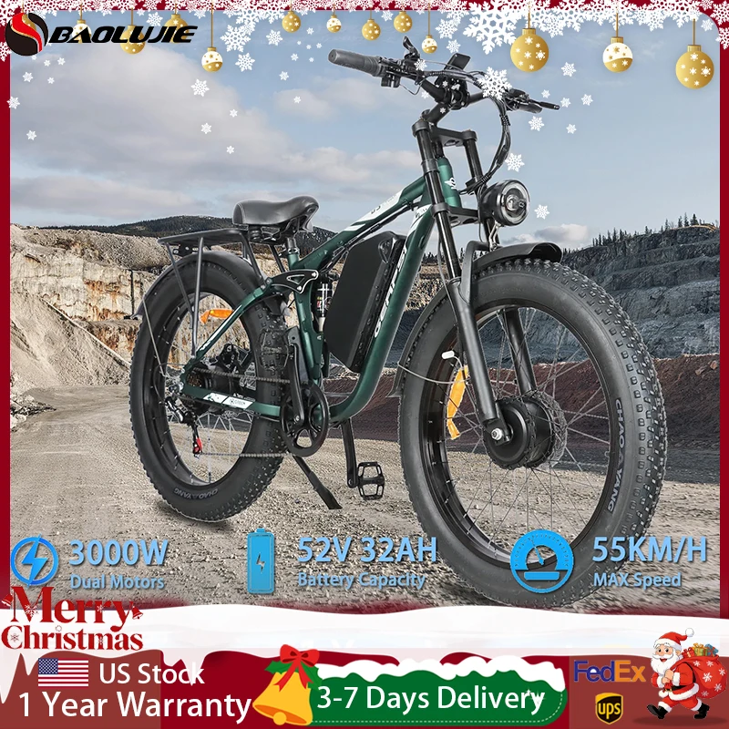 

Электрические велосипеды BAOLUJIE 2603, 3000 Вт для взрослых, электрический велосипед для грязи E, велосипед с толстыми шинами 26 дюймов, двухмоторный электровелосипед UL2849, гарантия 1 год】