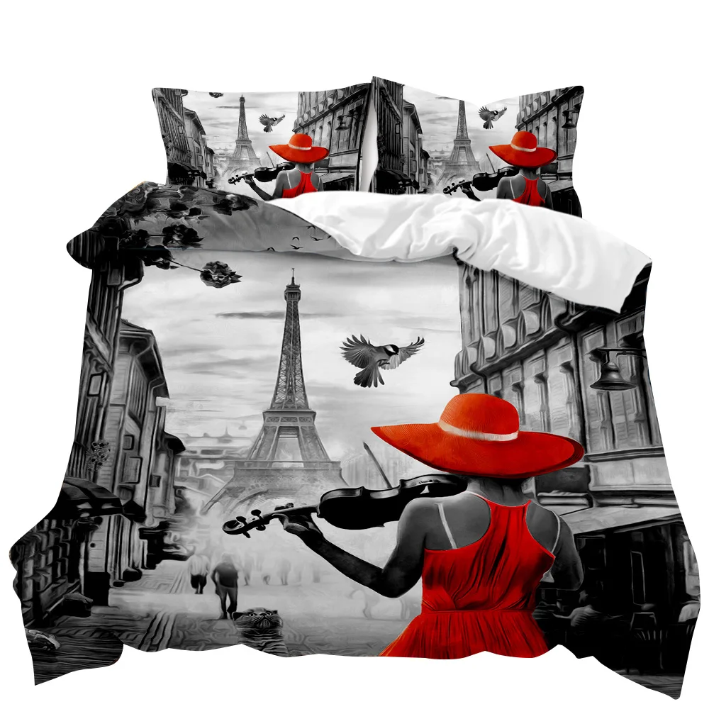 

Retro Architectural Duvet Cover Woman In Red Dress Plays The Violin At The Eiffel Tower Double Queen King Qulit Cover