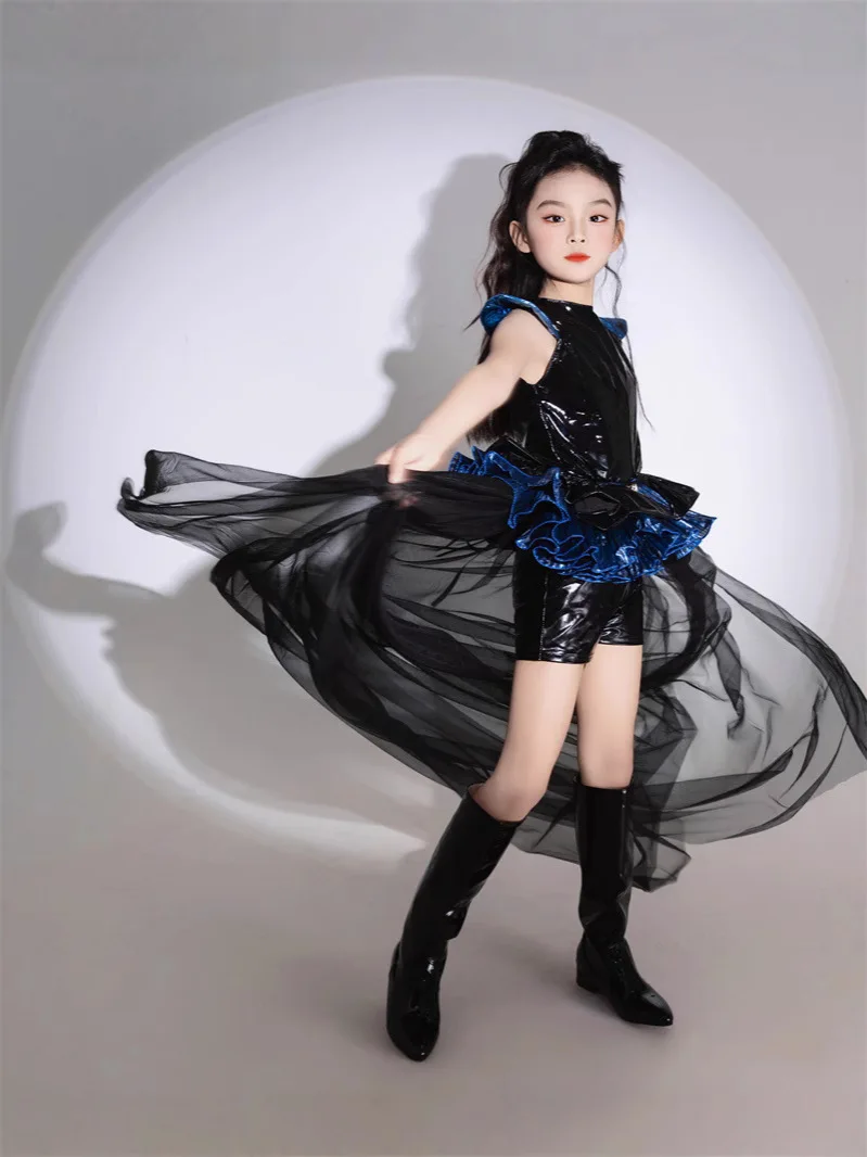 Girls' trendy motorcycle style leather suit set 7 punk future blue dragon feeling runway show outfit new