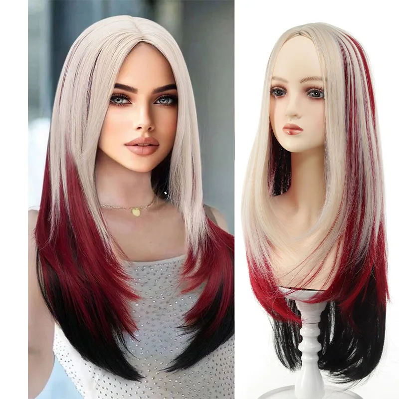 

Многоцветный цельный парик с градиентом для женщин в Европе и Америке с ощущением слоя.