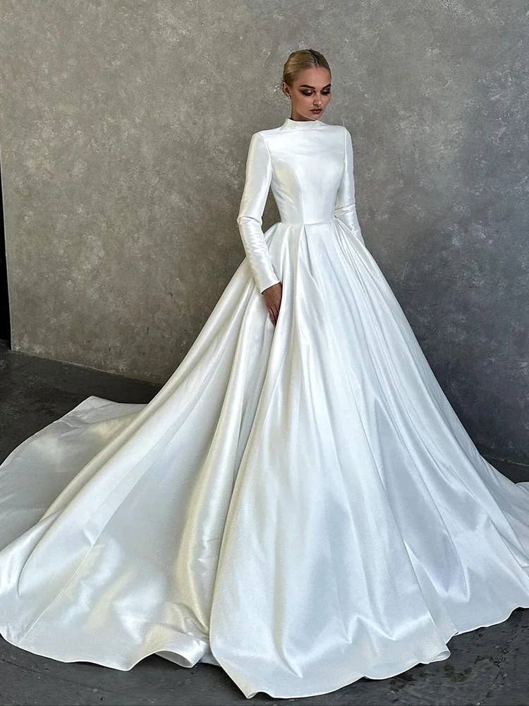 High-Neck Elegant Wedding Dress Soft Satin With A-Line Ballgown Full Sleeve Bridal Dress Back Zipper Vestido De Novia Customized