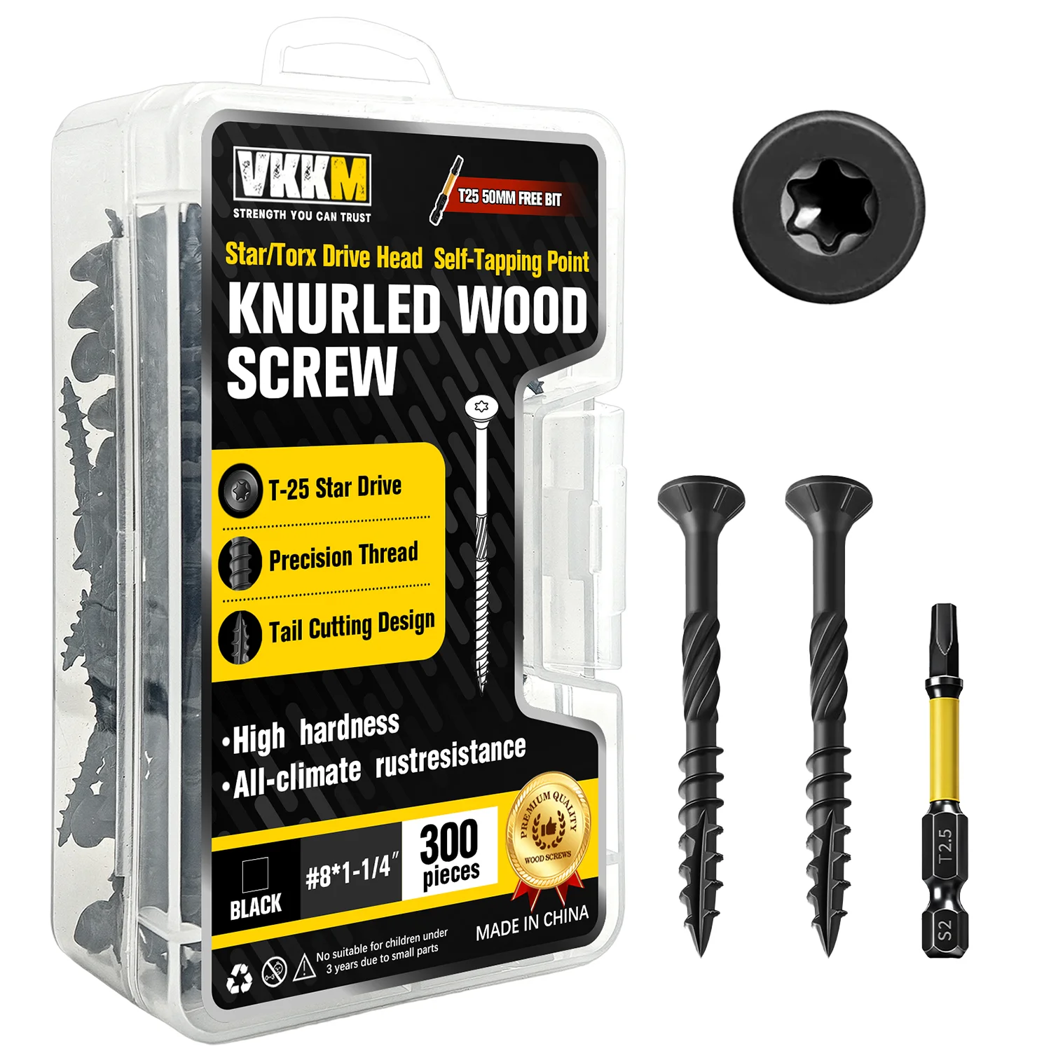 VKKM Black Knurled Wood Screws, #8 x 1‑1/4 Inch Countersunk Torx Self‑Tapping Fasteners,300 PCS with T25 Bit for Furniture,Cabin