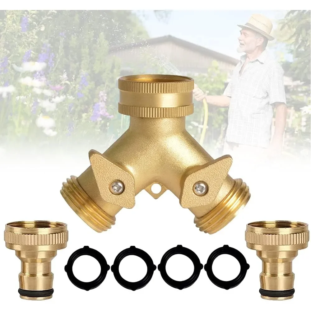 2-way Faucet Connector, Solid Brass Double Hose Connector for Outdoor Faucets, with 2 X 3/4 Inch Brass Faucet Connections