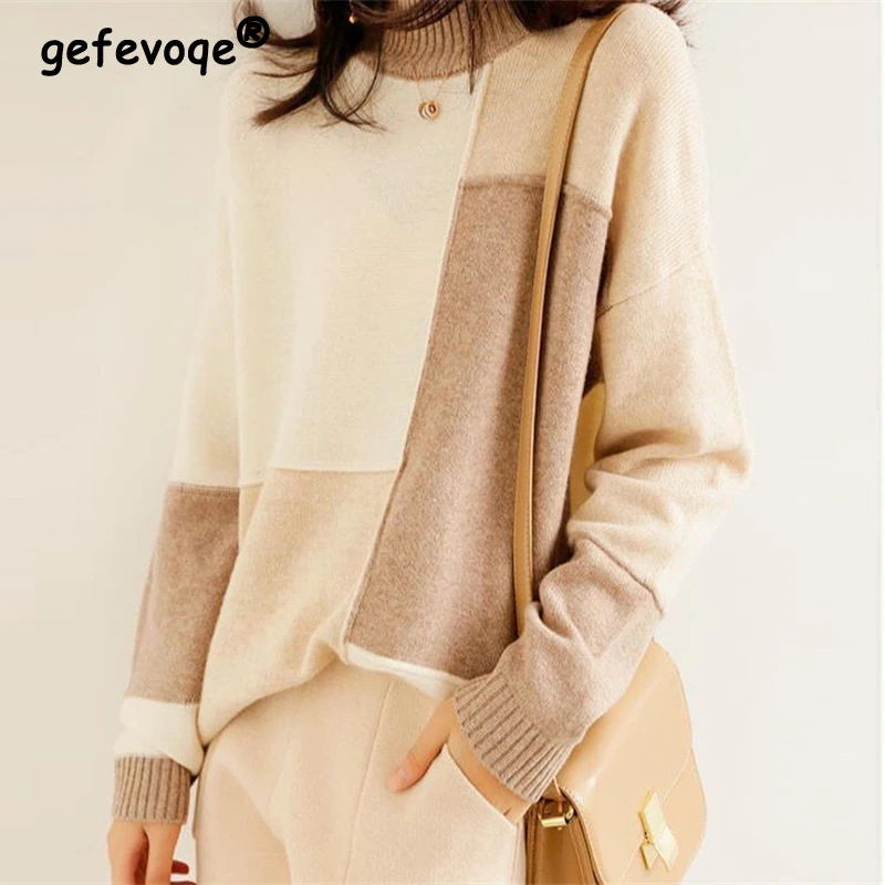 Autumn Winter Women Korean Contrast Color Half High Collar Knitted Sweater Casual Streetwear Long Sleeve Loose Tops Chic Jumpers