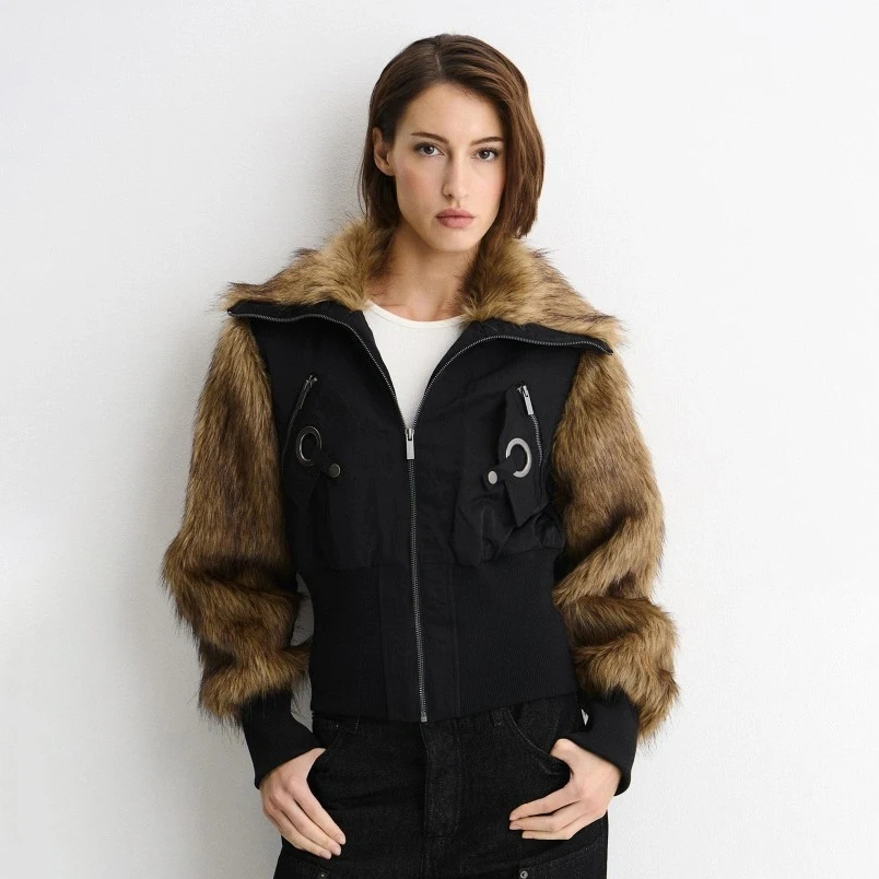 Women Brown Faux Fur Sleeve & Collar Cropped Bomber Jacket, Full Zip Cinched Waist Utility Pockets, Winter Warm Street Casual Ou