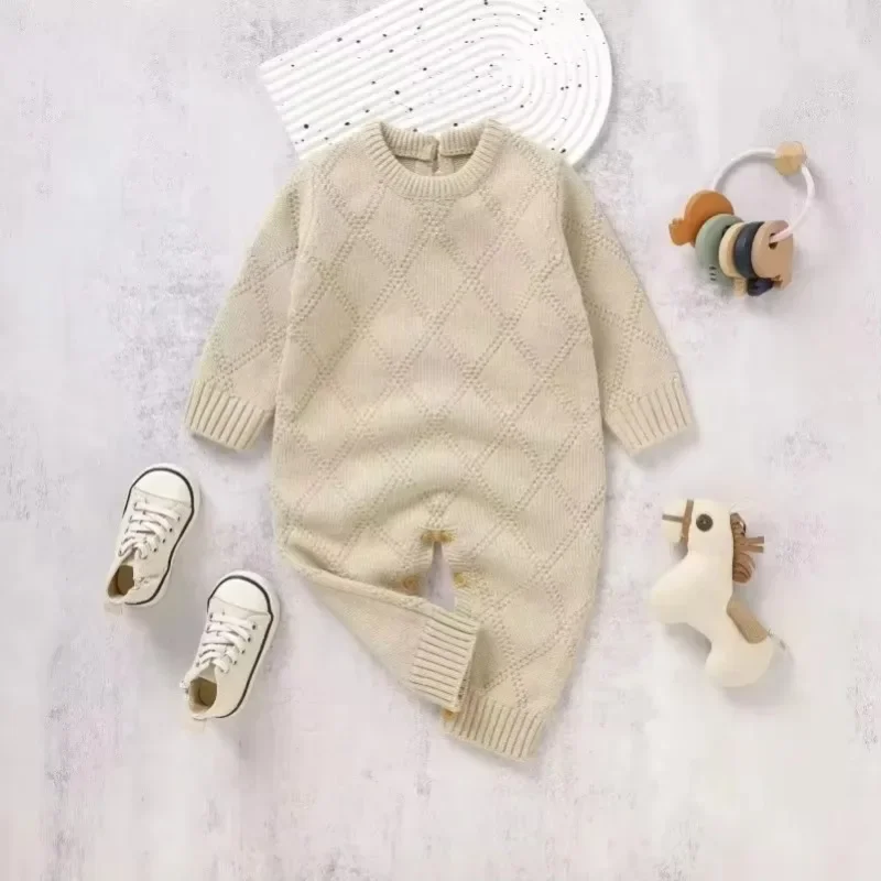 

Baby Boys Girls Rompers Jumpsuit Bodysuit Spring Autumn New Solid Color Knitted Acrylic Long Sleeve 1-18 Months Newborn