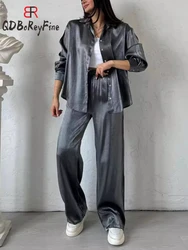 Casual Women Sets Summer Spring Loose Long Sleeve Oversized Shirt Wide Leg Trousers Suit Female Bright Silk Pant Two Piece Sets