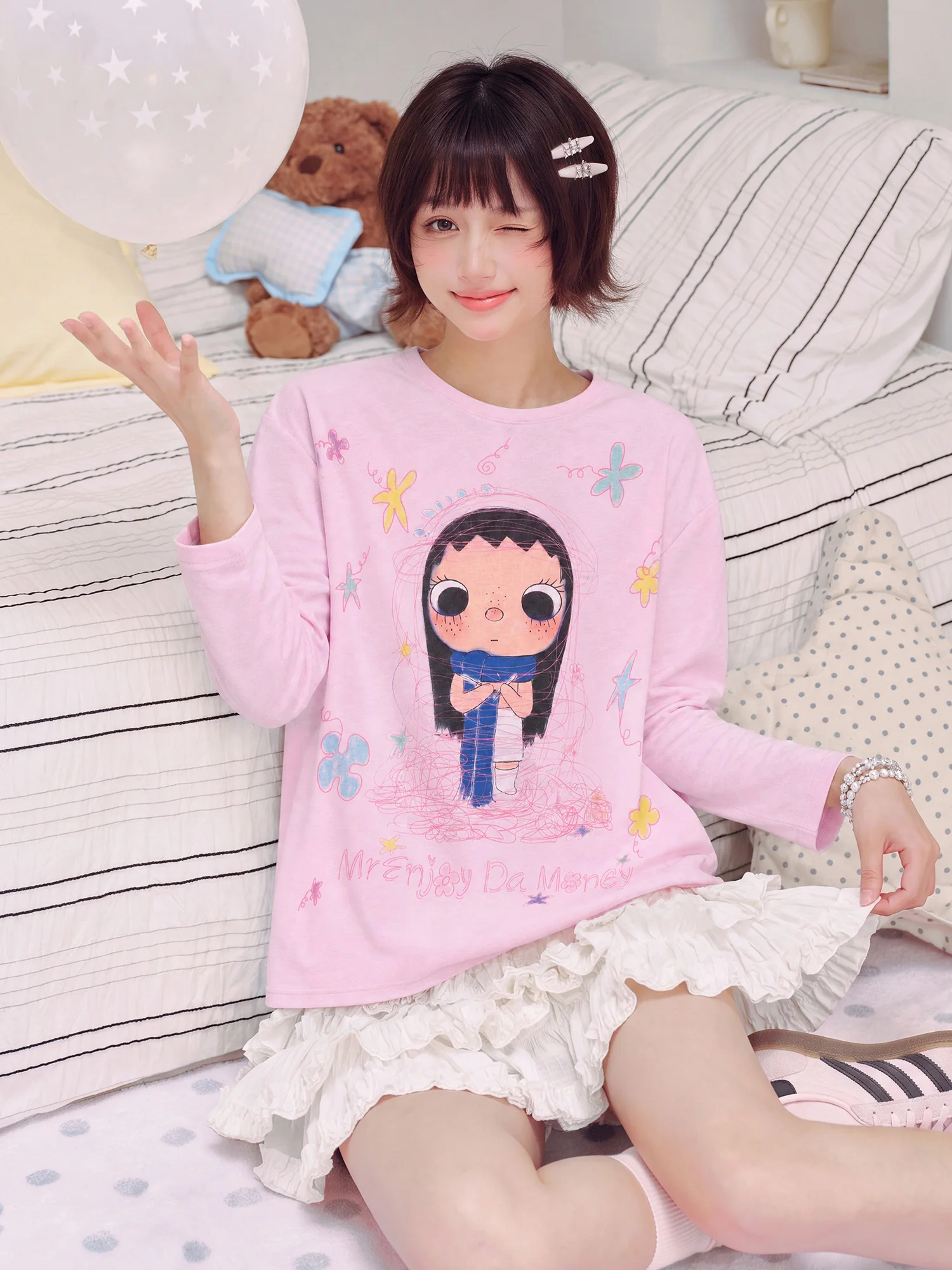 Medm Yuy Collaborative Long Sleeve Knitted T-Shirt round Neck Print Color Block Cute Style Trendy Top for Men And Women