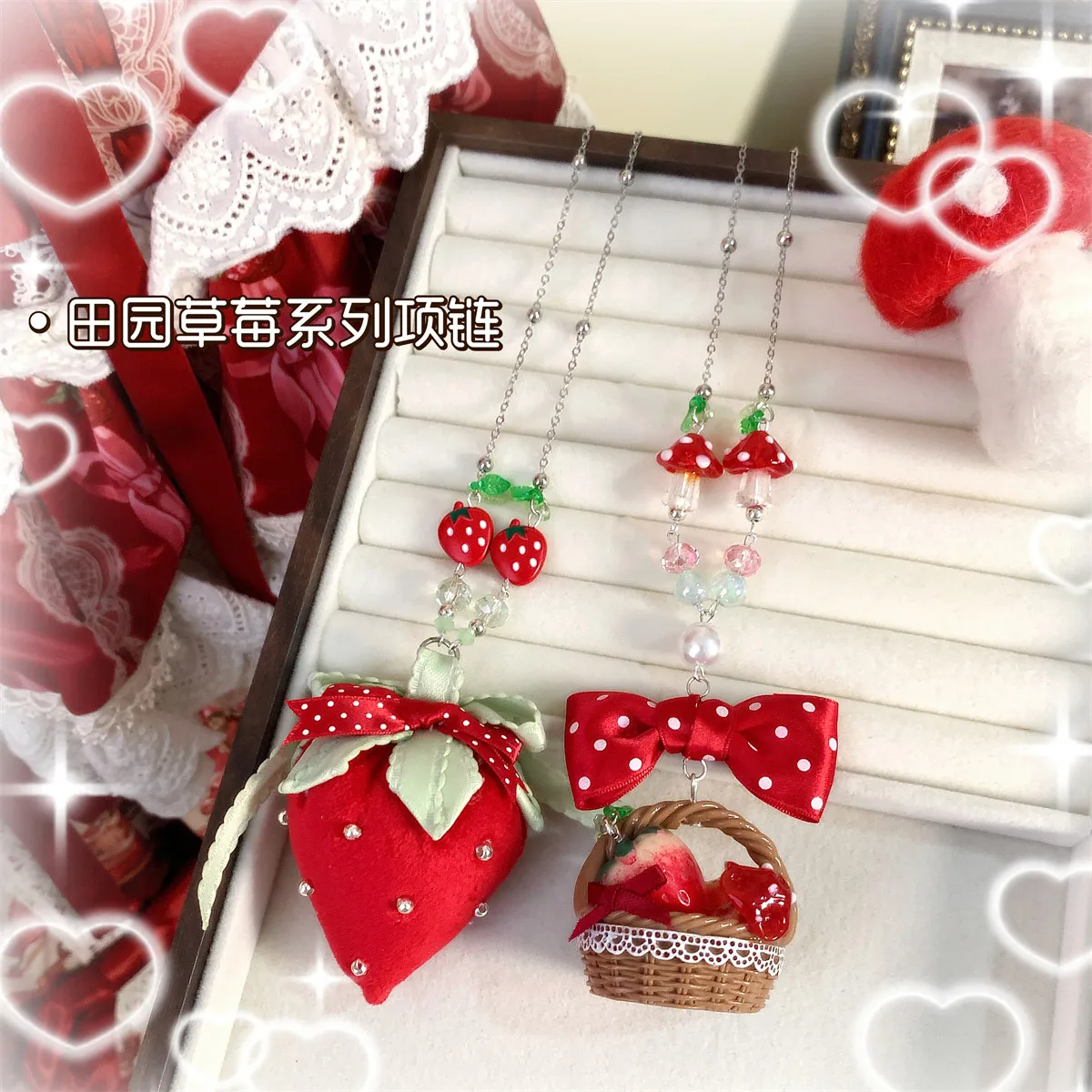 Handmade DIY Original Pastoral Strawberry Girl Heart Beaded Necklace Cute Lolita Collarbone Neck Chain