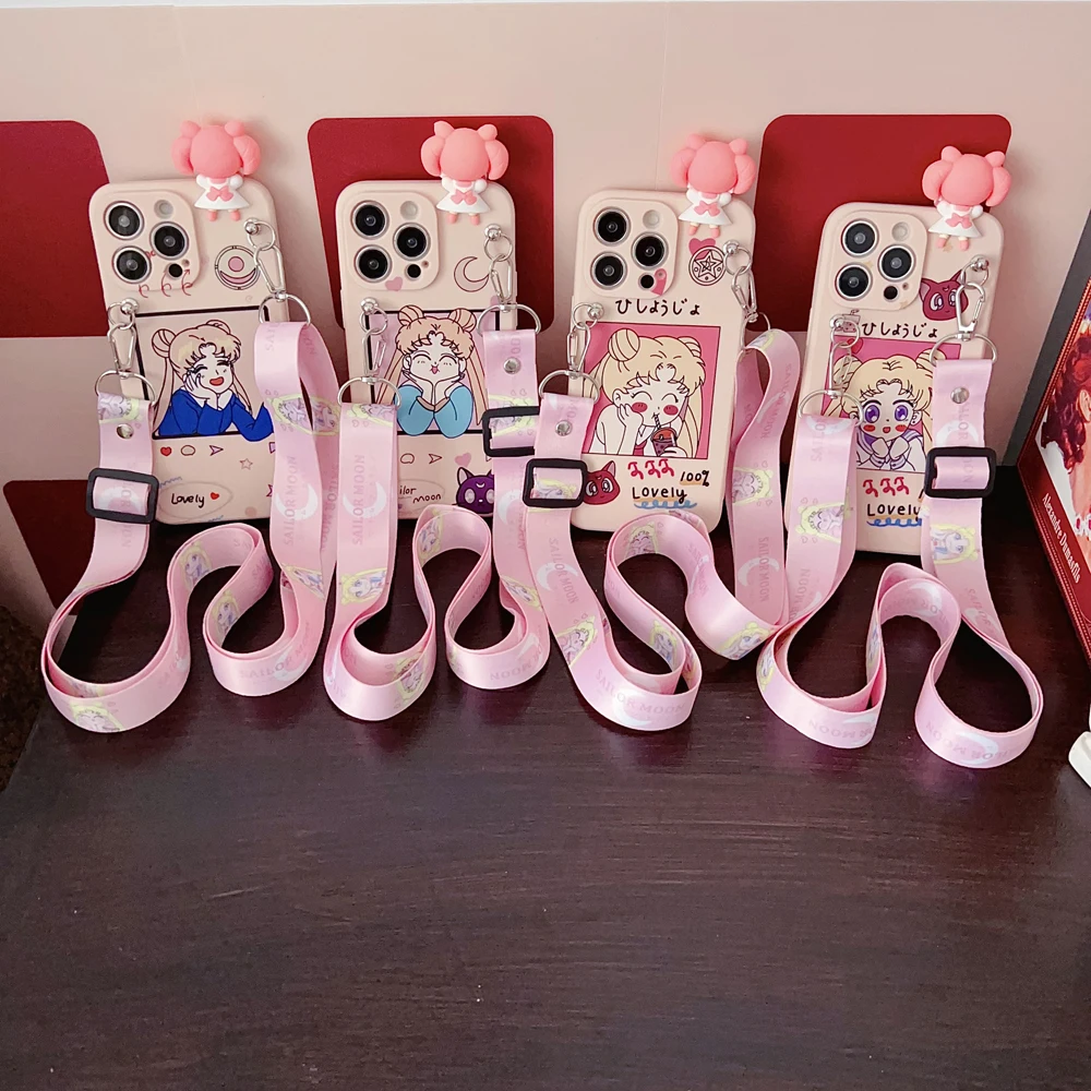 Dla Samsung Galaxy A12 A11 A71 A51 A52 A22 A02s A32 A13 A53 A03s A04s A20s A33 A73 A23 Pink Moon Case With Holder Rope