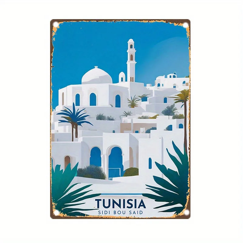 (Pintura em lata 2D) 1 unidade, Placa de lata vintage Sidi Bou Said, Tunísia, 20,32x30,48 cm, Pré-perfurada, à prova d'água, resistente às intempéries, ferro
