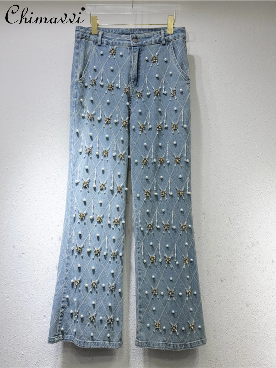 Blue Heavy Beads Jeans 2024 Summer New European Goods Fashion High Waist Slimming Straight Loose Wide-Leg Pants for Women