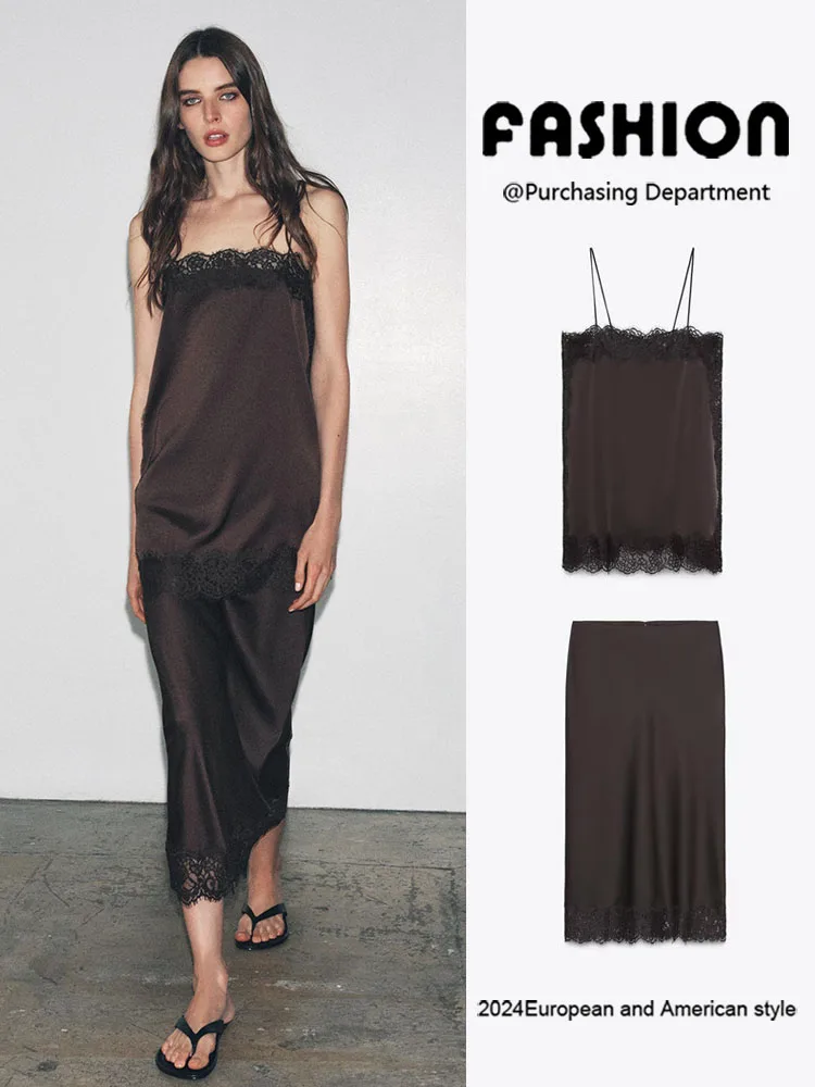 

New Arrival Lace Top And Skirt Set mid Waist Midi Length Svel Women's Faion Autumn Collection Par Wear Color