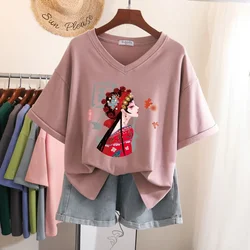 EBAIHUI 100% bawełna M-6XL T koszula t-shirt z nadrukiem z krótkim rękawem damska Top lato w stylu chińskim para V Neck ponadgabarytowych t-shirty