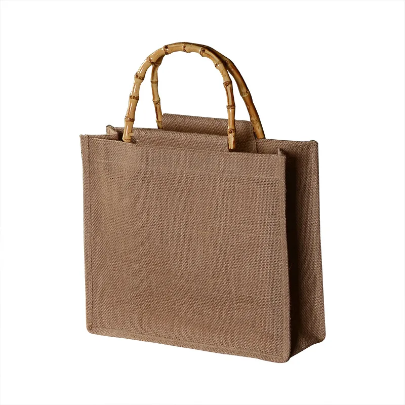 Linen Tote Hand Bags for Women Bamboo Handle Purses and Handbags Ladies Simple Daily Hand Bag