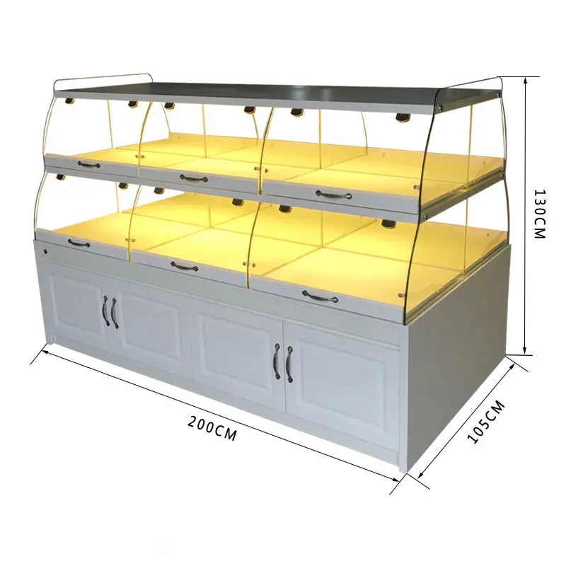 Glass Wood Pull Out Tray Wall Cake Bread Display Cabinet with Light Emitting Diode