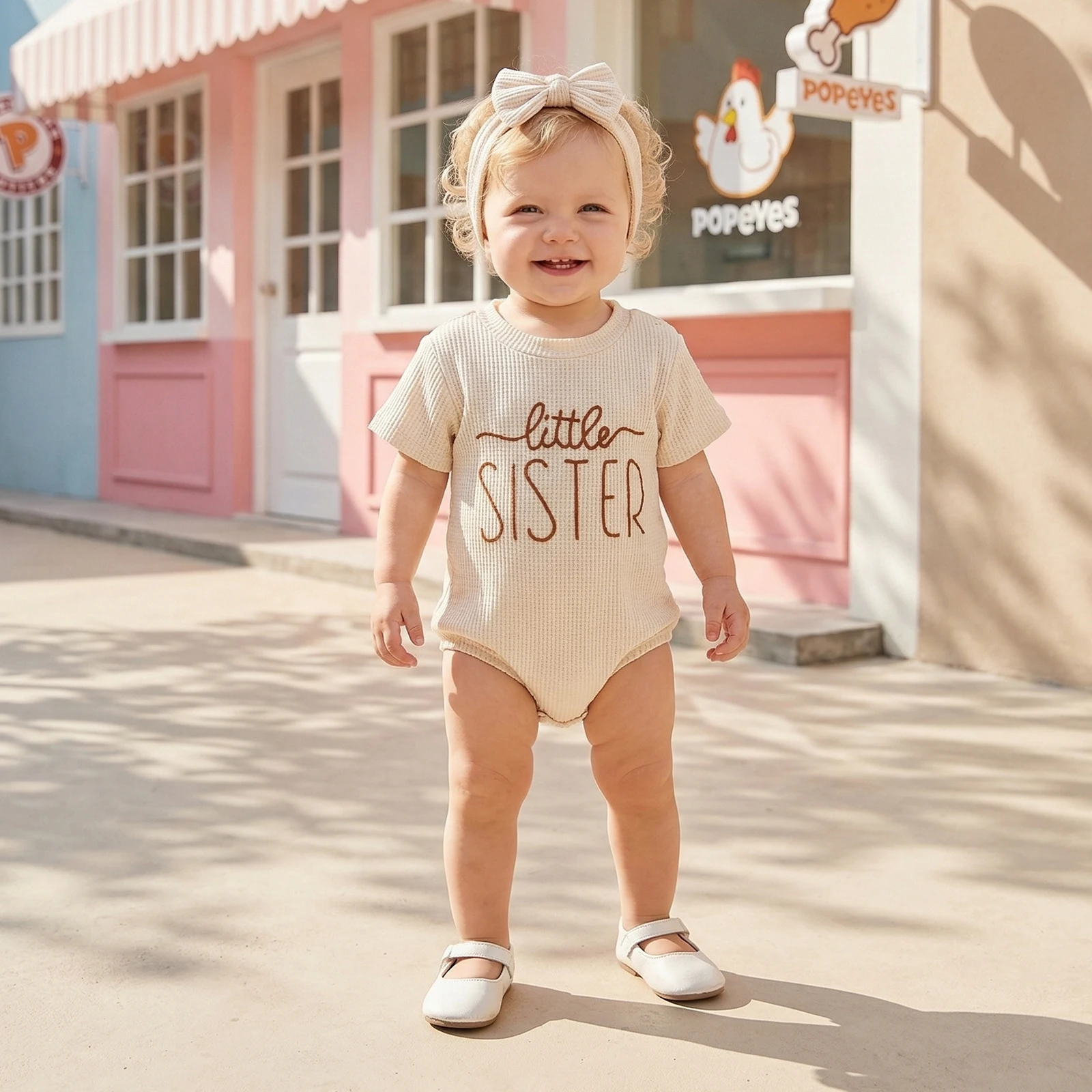 Newborn Girl Outfit, Short Sleeve Crew Neck Embroidery Letters Bodysuit with Bowknot Headband Summer Clothes