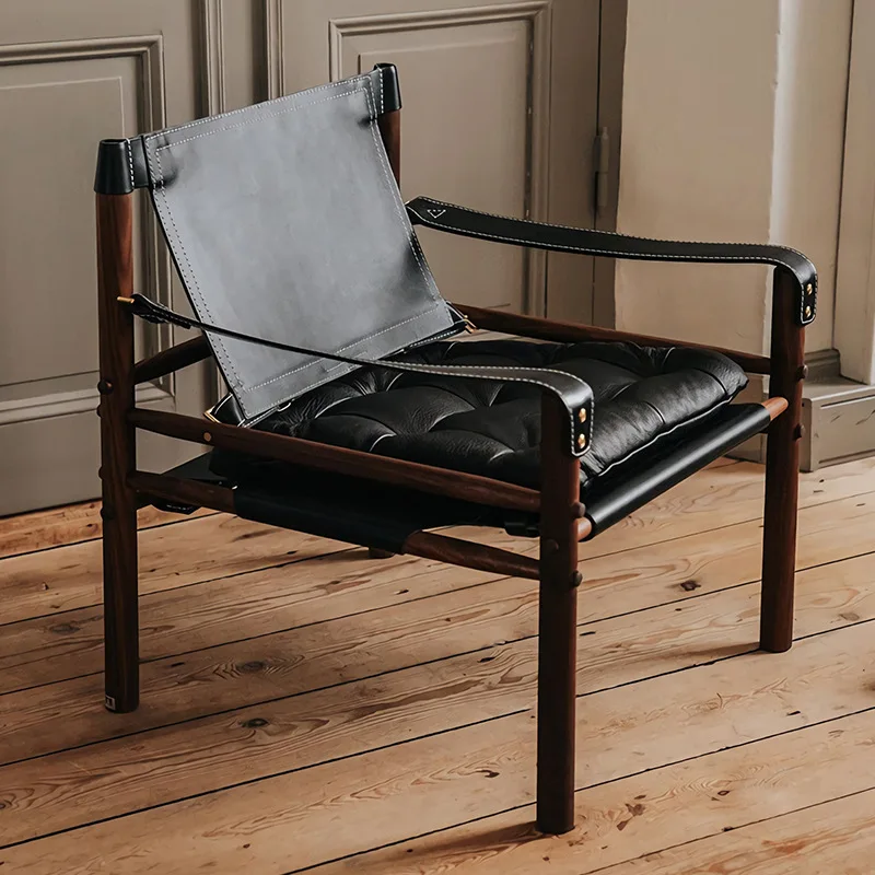 Saddle leather sofa chair, solid wood single casual sofa chair