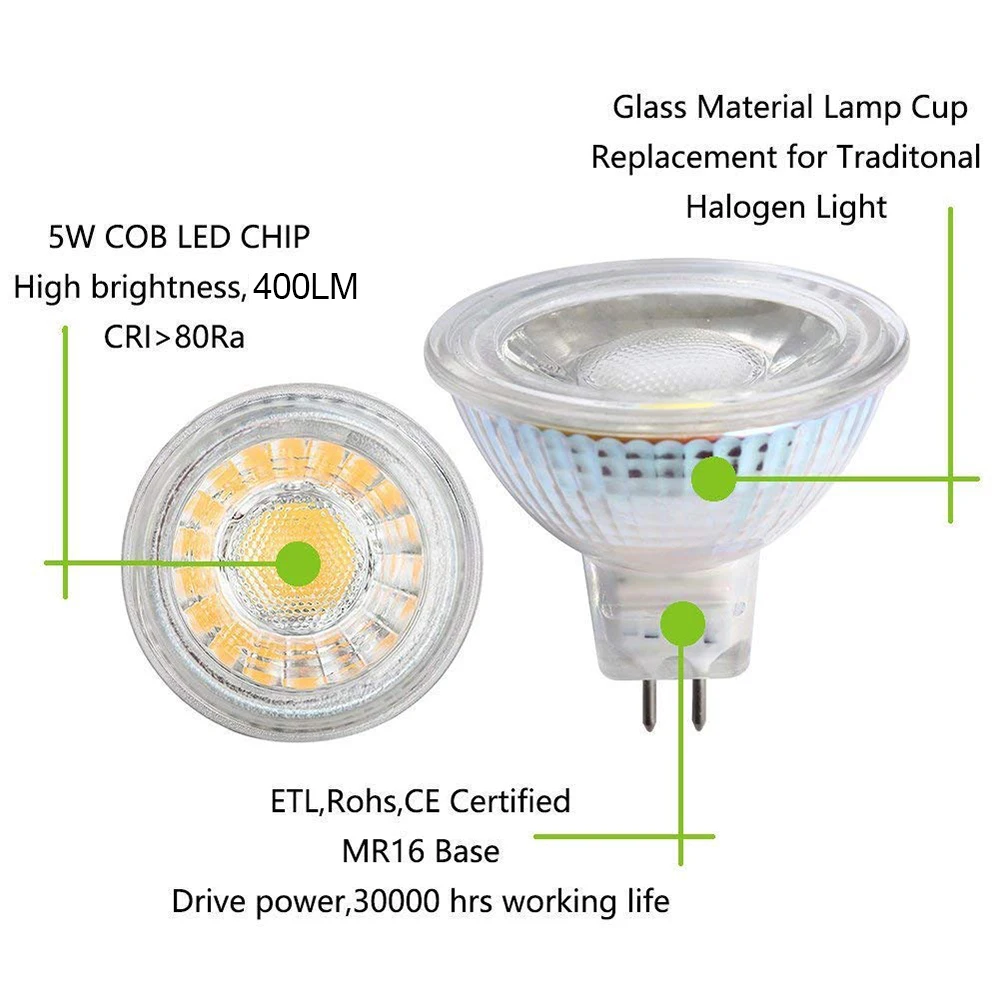 Imagem -03 - Lâmpadas Led ac Dc12v Poupança de Energia Bulbo Spotlight 50 Equivalente Casa de Vidro Cheio Cob Lâmpada Refletor Iluminação Interior Mr16 5w