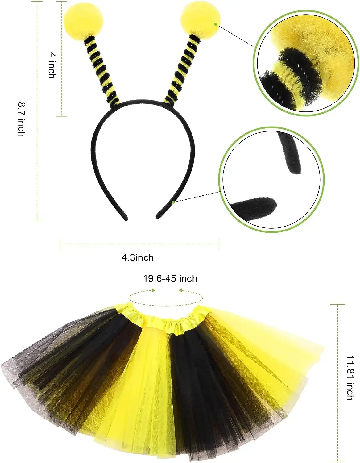 Kids Adult Family Bee Bopper Antenna Headband Tutu Skirt Bee Striped Leg Warmers Knee Stocking and Gloves for Cosplay Party