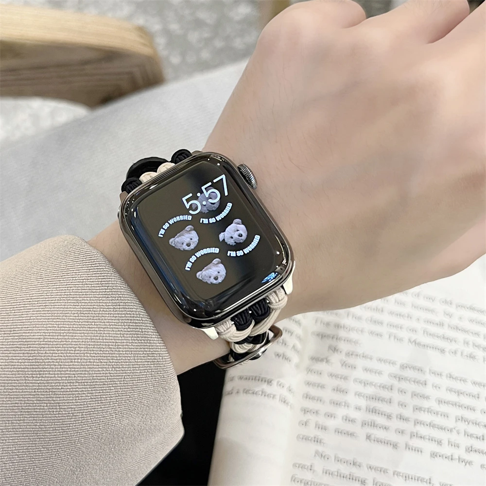 Ładny elastyczny warkocz lina nylonowa pasek do Apple Watch 44mm 40 45 41 49 42 38mm zimowa bransoletka dla Ultra serii 9 8 SE 7 6 5 4 3