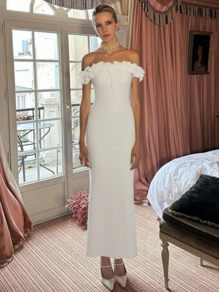 

Women's Off Shoulder Slash Neck Ruched Long Dresses Female 2025 Summer Sleeveless Lace-up Backless Bodycon Vacation Party Dress