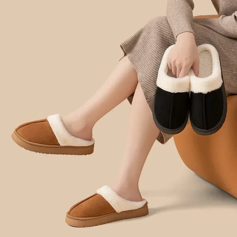 

Indoor Cotton Slippers for Winter Woman Plush Interior Anti Slip Sole Thick Bottom Embroider Fashion Design Warm Keeping New