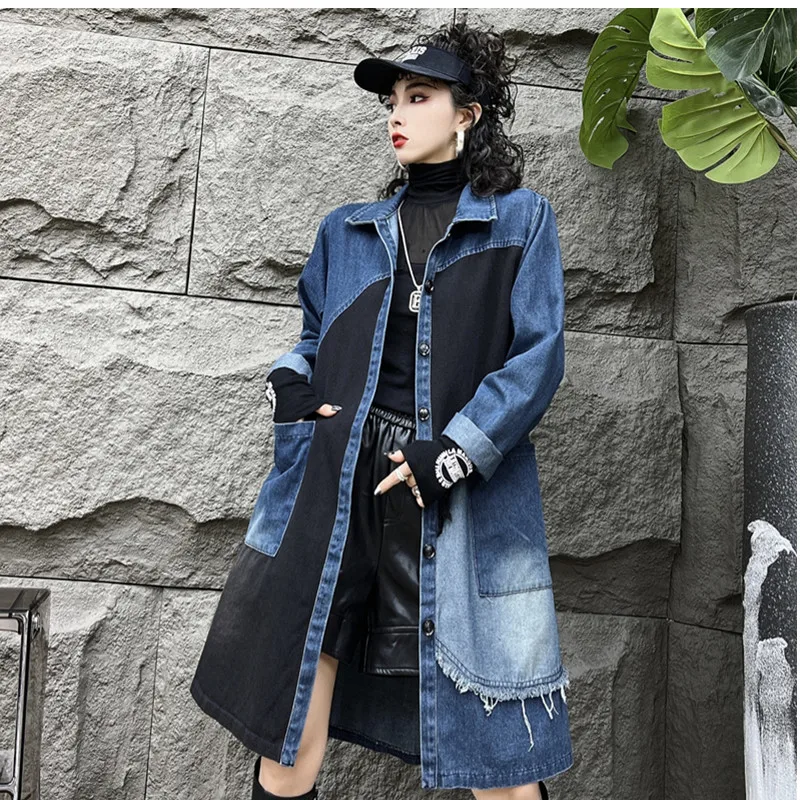 

2026 Autumn Denim Trench Coat Women Vintage Style Patchwork Color Female Casual Loose Long Jackets Woman Trench Trendy Coat
