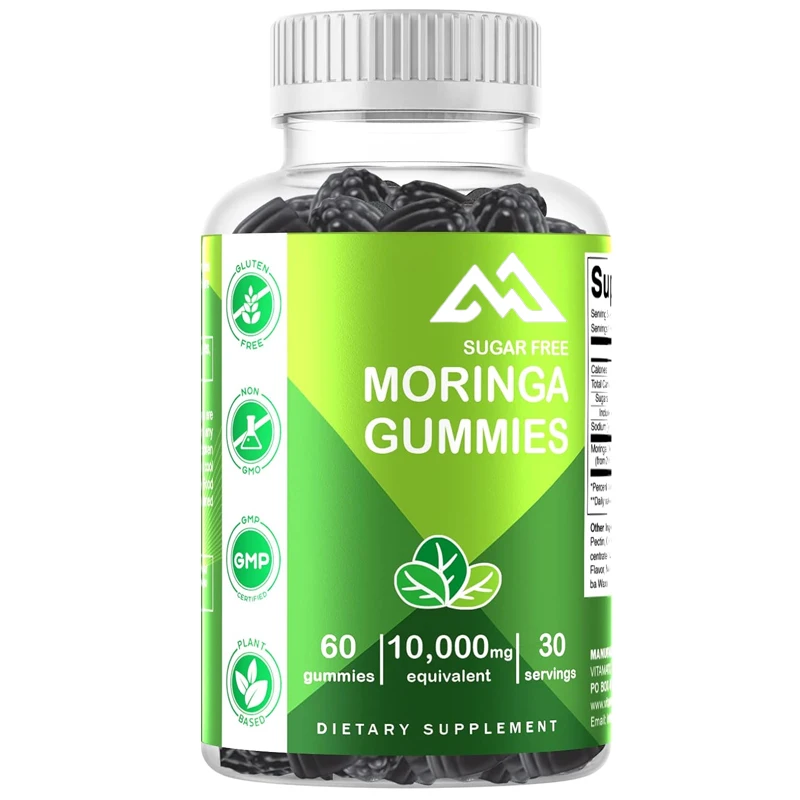 Vitamin sugar free Moringa gummies -10000 milligrams per serving - Complete green superfood -60 pectin gummies