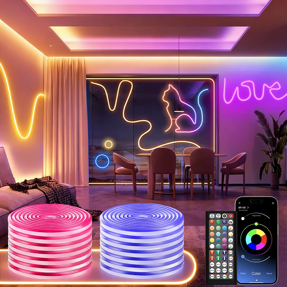 Tira de Luces LED RGB de Neón de 30M/20M con Control Remoto/Aplicación, Lámpara Flexible Impermeable para Decoración Interior del Hogar y Dormitorio
