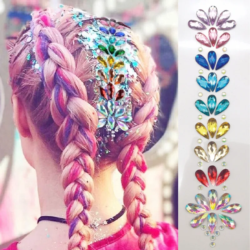 Joyas para el cabello 3D con purpurina, gemas para el cuerpo y la cara, diamantes de imitación, Festival, cristal brillante, tocado para la frente, pegatina de tatuaje temporal, pegatinas calientes