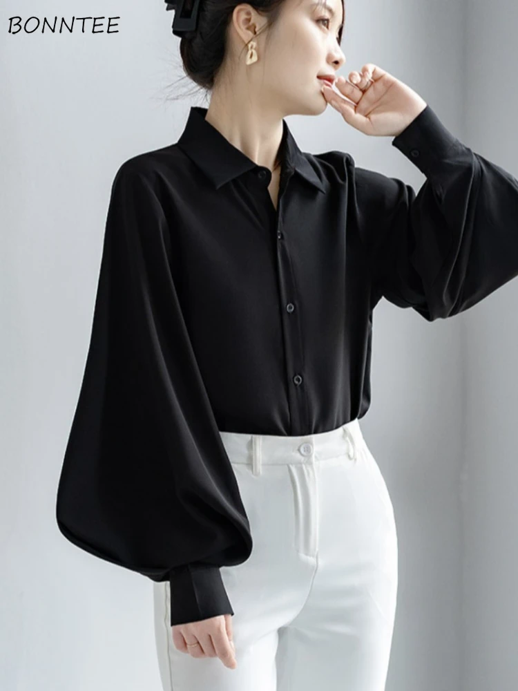 

Shirts for Women Profession Style Design Autumn All-match Solid Casual Daily Lantern Sleeve Tops Office Lady Inner Temperament