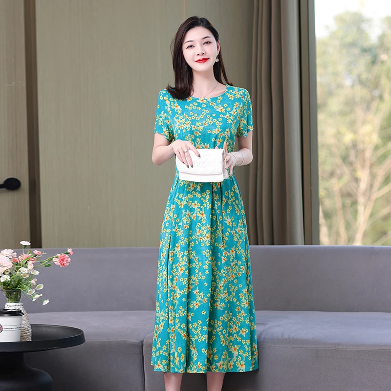 New Arrival 2024 Summer Dress Vestido Loose O-neck Casual Print Floral Cotton Women Clothing Vestidos Dresses Plus Size