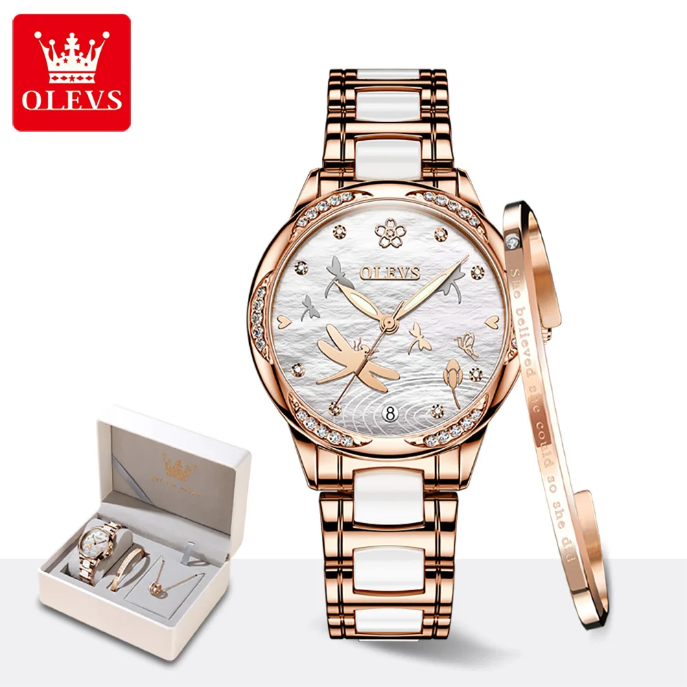 OLEVS-relojes mecánicos automáticos para mujer, reloj de cerámica elegante, correa, reloj de lujo de marca superior, resistente al agua, reloj de