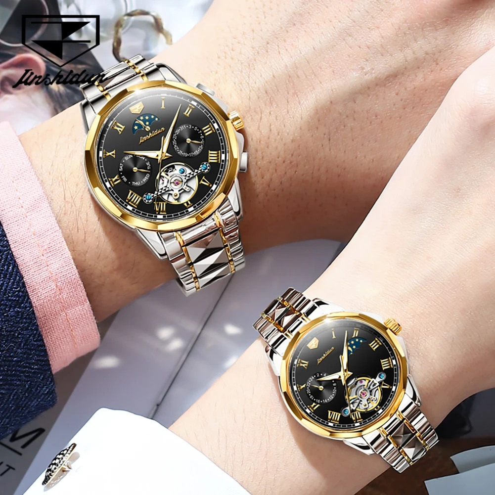 JSDUN Couple Watch Men and Women Automatic Mechanical Wristwatches Luxury Skeleton Stainless Steel Waterproof Lover\'s Moonwatch