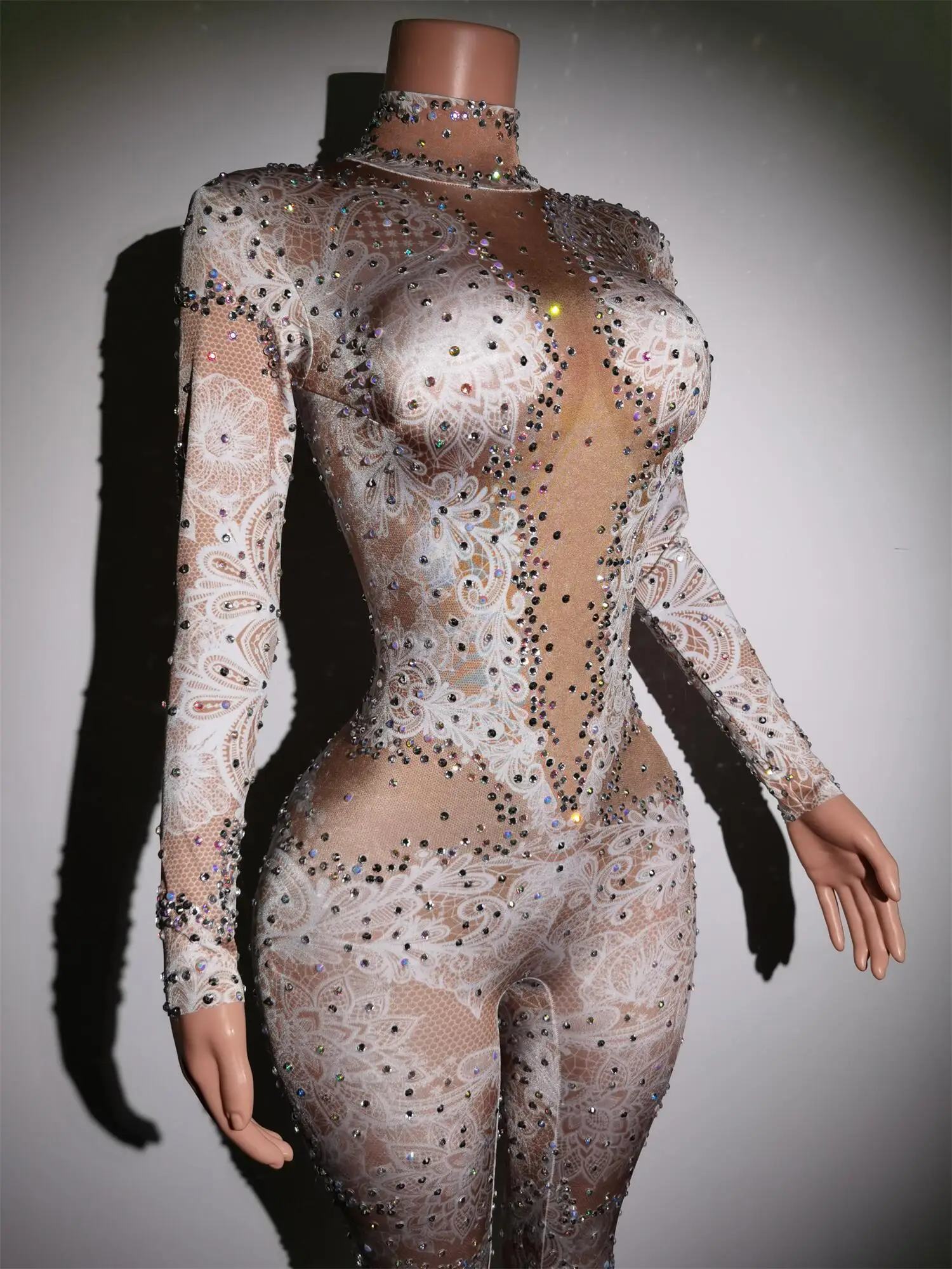 Elegant White Lace Diamond Women Jumpsuit Slim Fit Bodysuit Pole Dance Stage Performance Costume Lady Rhinestone Party Rompers