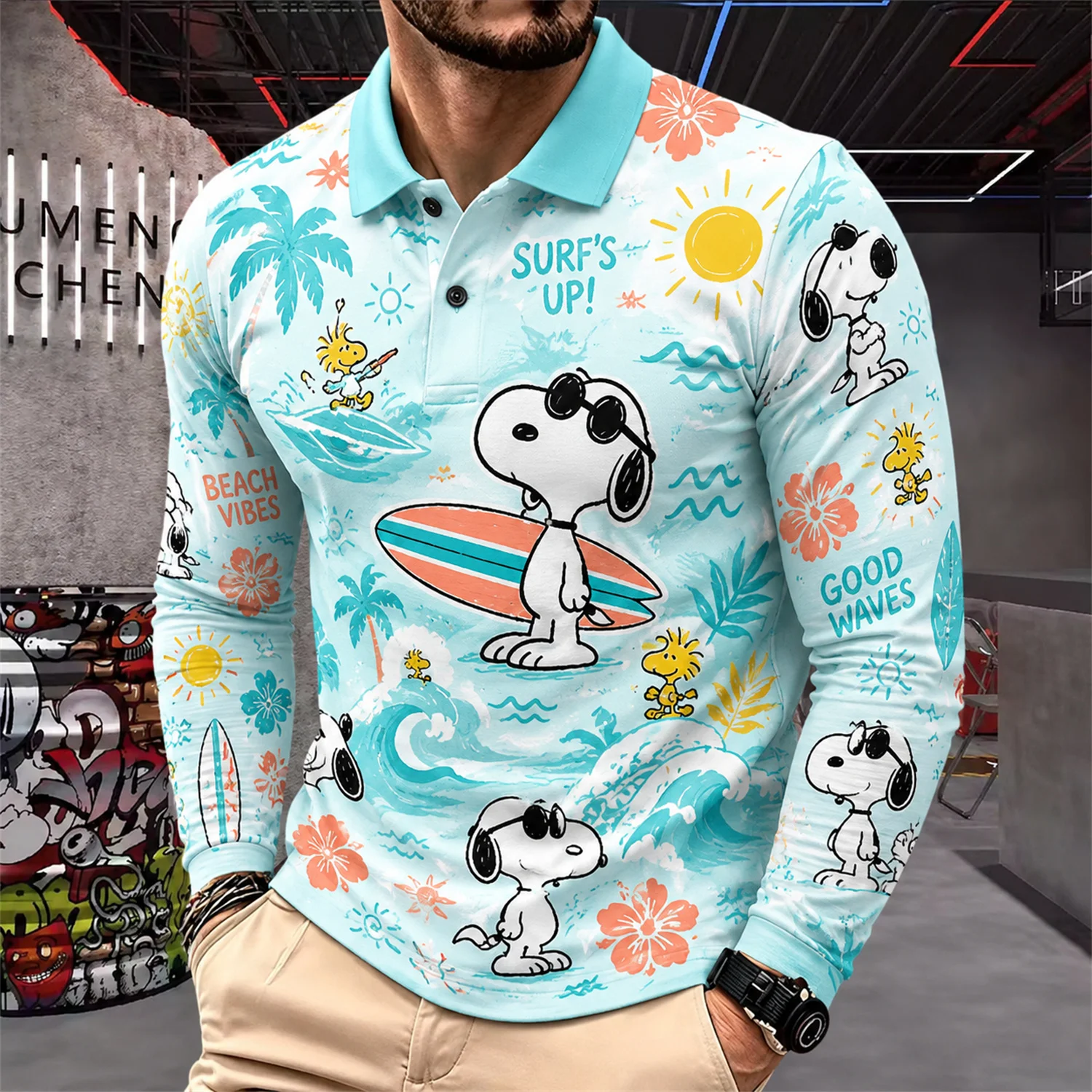 Herren Snoopy Woodstock Langarm-Poloshirt Peanuts Cartoon Grafik T-Shirt Casual Y2K Streetwear Pullover Top – Detail 5