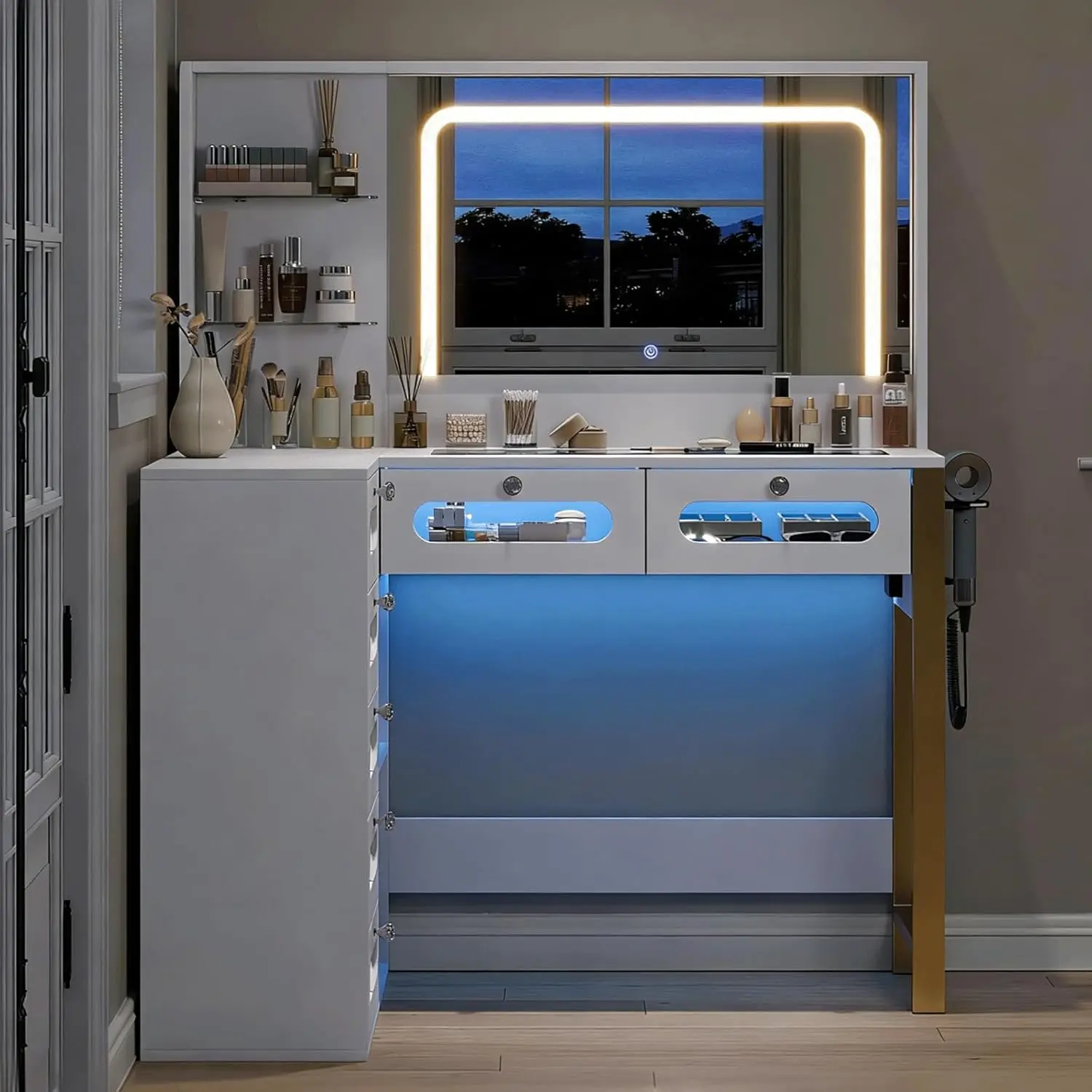 White Clear Glass Top Makeup Vanity for Bedroom with Mirror, Lights, 2 RGB Drawers, Spacious Storage & Power Outlet view 3