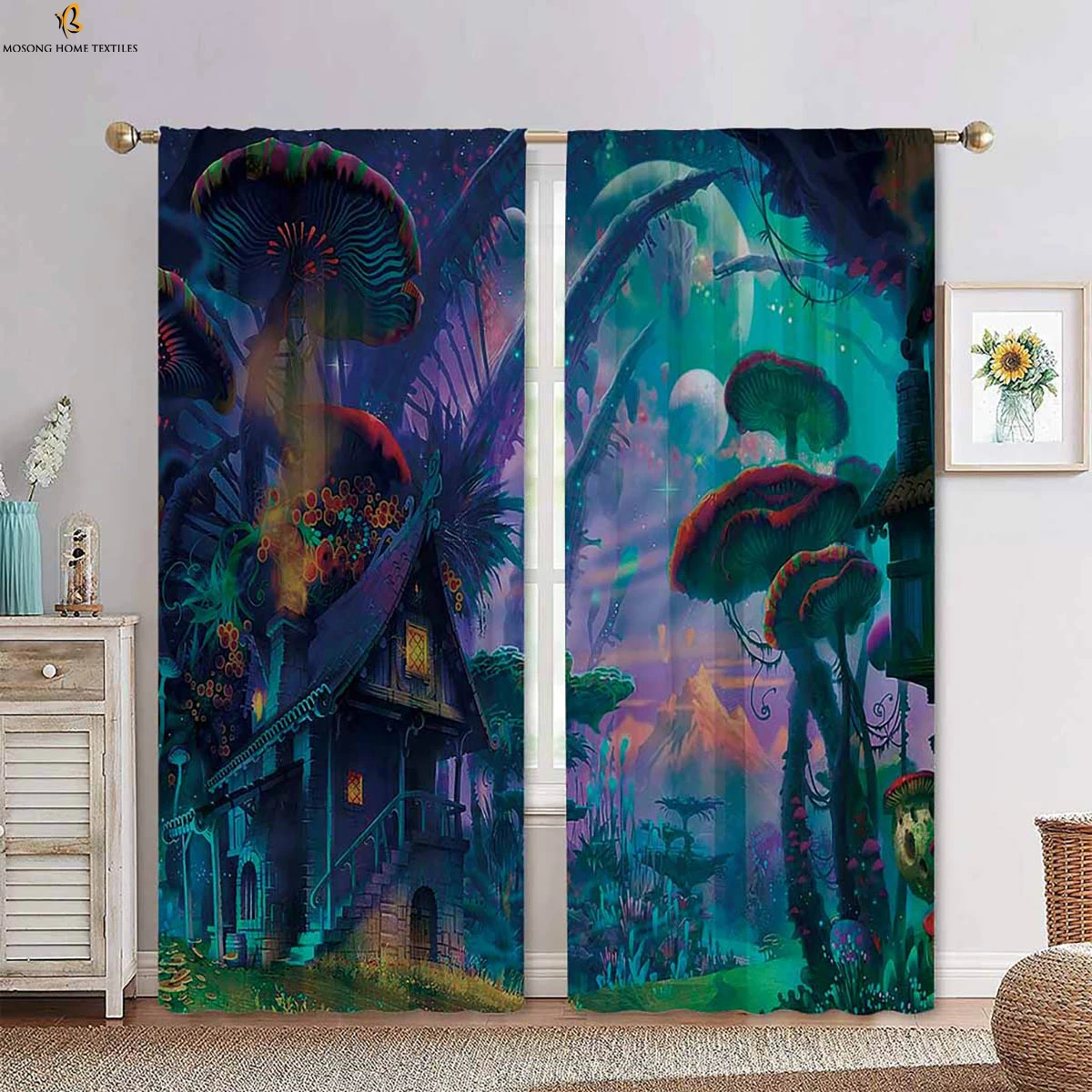 

2pcs Psychedelic Mushroom Cartoon Print Curtains 100% Polyester Bedroom Living Room Kitchen Decorative Curtains