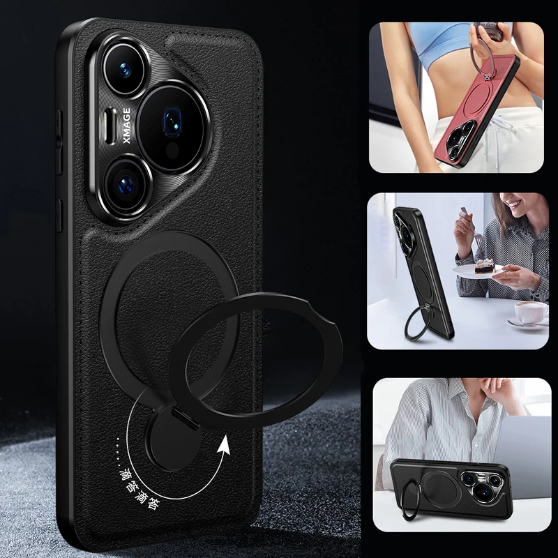 

Metal Holder Lens Protection Soft Phone Case For Huawei Pura 80 Ultra 70 Pro Magnetic Wireless Charging Leather Back Cover Cases