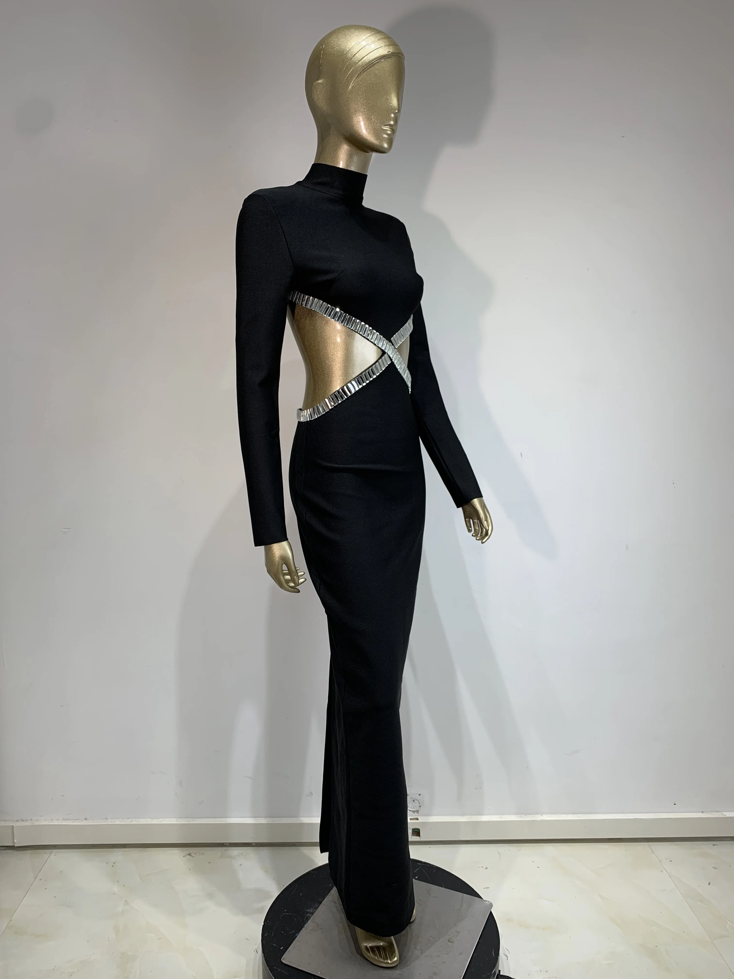 Luxury Bandage Dress Women Elegant Long Sleeve Turtleneck Cut Out Crystal Backless Ankle Length Celebrity Evening Party Gowns