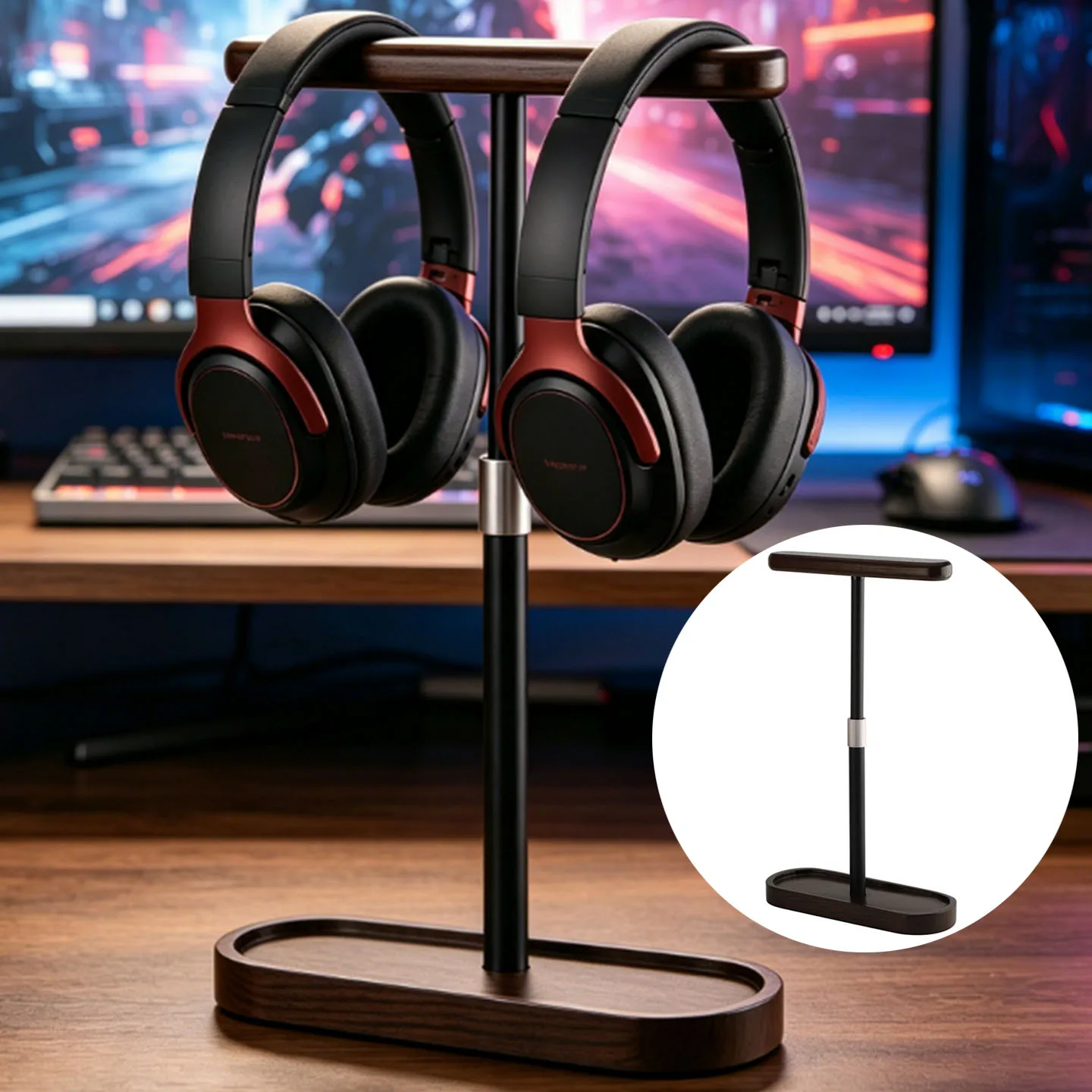 Wooden Headphones Stand Height Adjustable Gaming Headset Bracket Desktop Display Shelf Solid Wood+Metal Dual Earphones Hanger