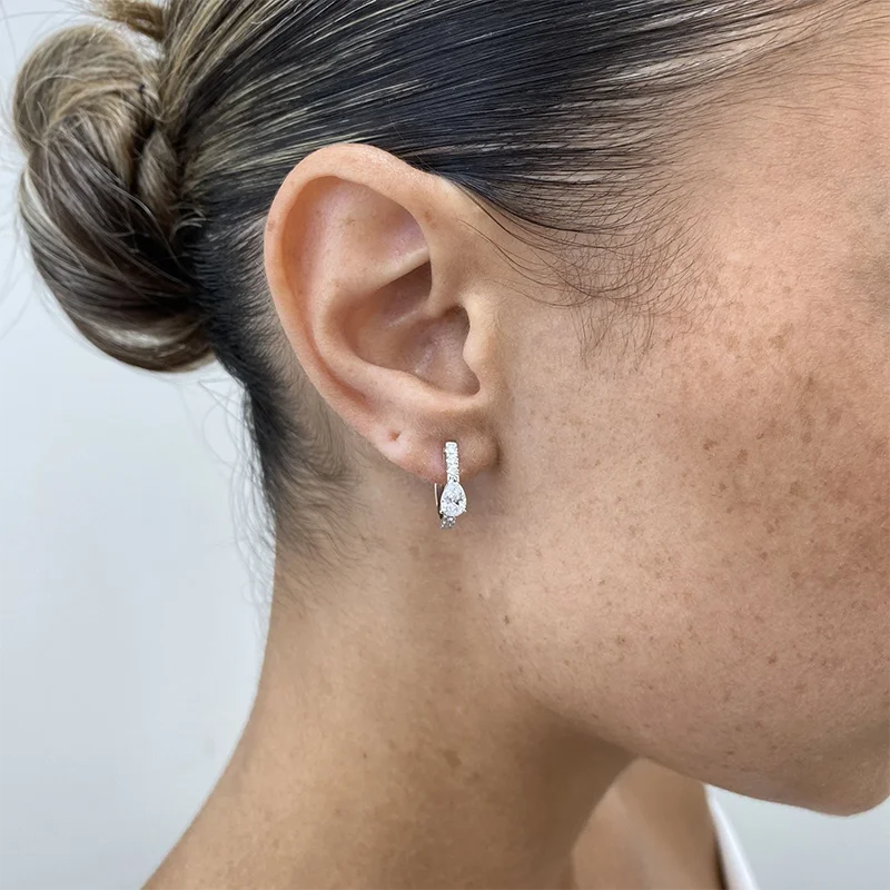 Solid 14K White Gold 1.02ctw DEF/VS VVS Pear&round Cut HPHT Lab Grown Diamond Hoop Earrings Birthday Anniversary Gift - view 6