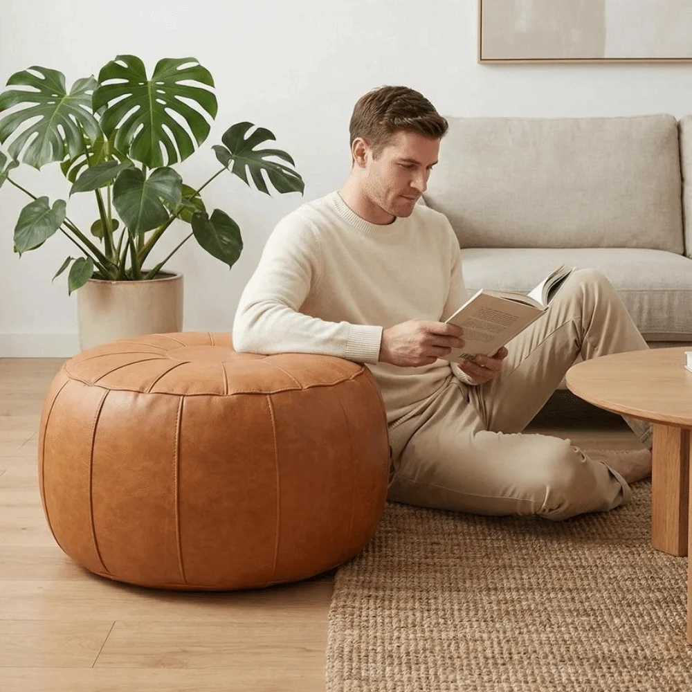 Housse de coussin rond en similicuir, housse de pouf citrouille non rembourrée, sac de rangement minimaliste grande capacité pour salon