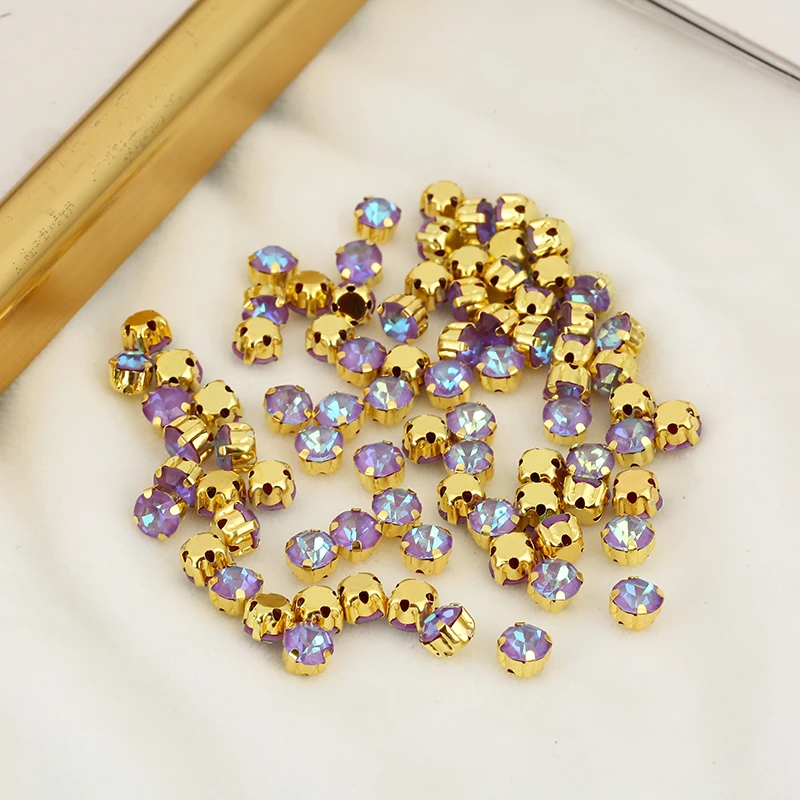 PEESOM 5/6mm 100pcs Mocha Color Series Sew On Round Rhinestone Gold Settings Flatback Glass Rhinestone for Sewing Accessories